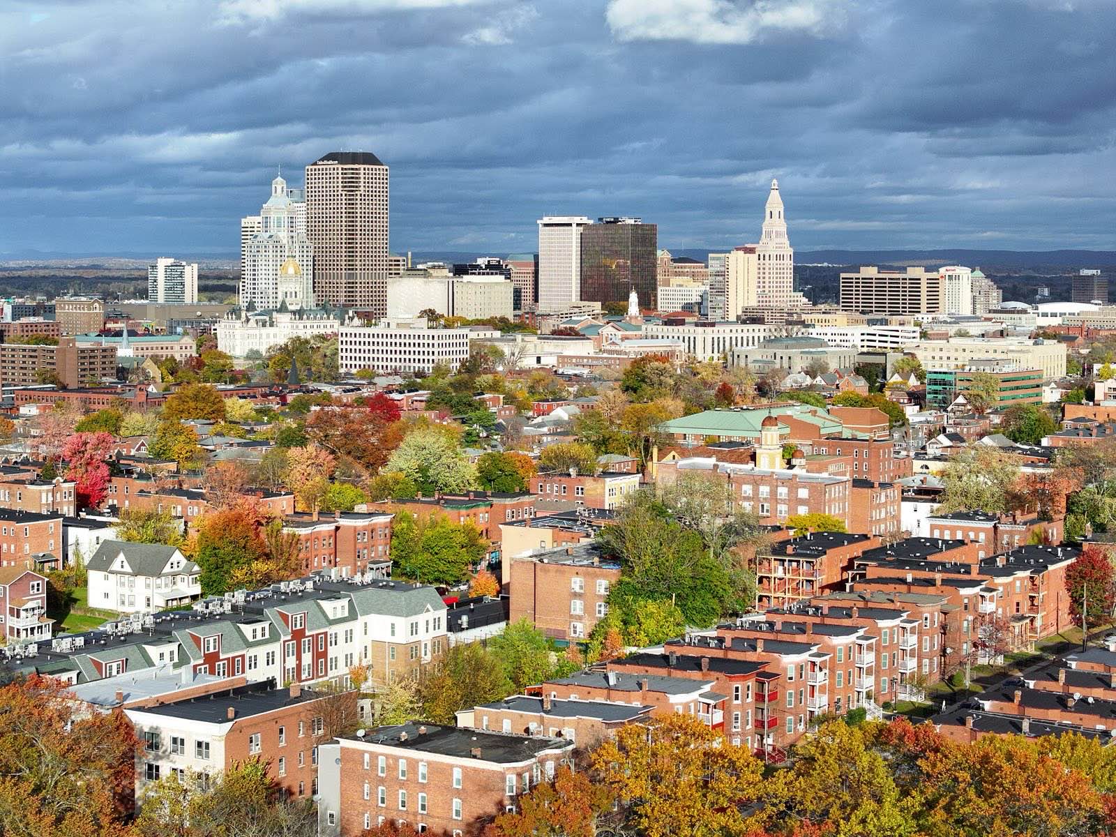 The skyline of Hartford, Connecticut's capital city with a population of 121,000. Taken on October 31, 2025