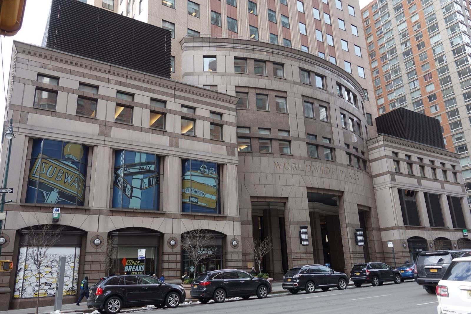 The entrance to One Worldwide Plaza at 8th Avenue and 49th Street in Hell's Kitchen, Manhattan.