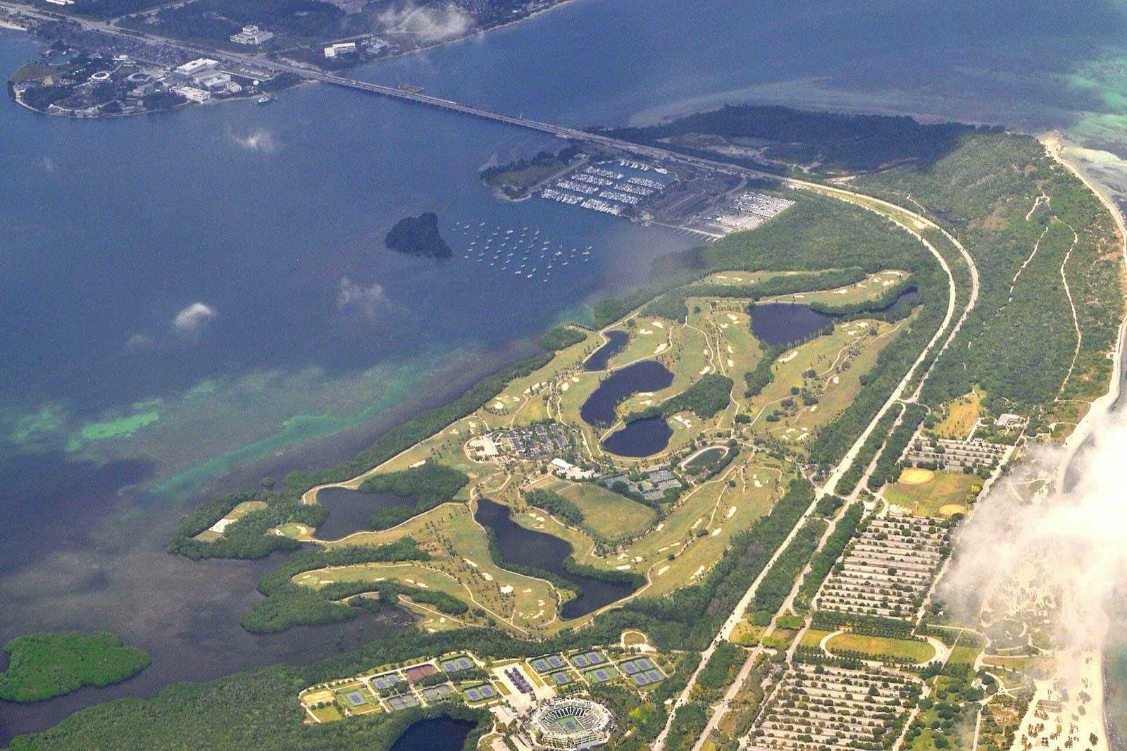 Aerial view of Crandon Golf Course and its surroundings. Key Biscaine, Florida, Uniited States